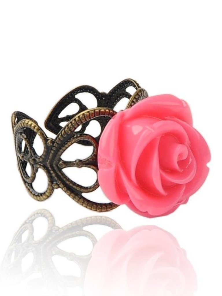 Lacy Bronze Victorian Style Pink Rose Flower Lucite Cabochon Adjustable Ring 19$
